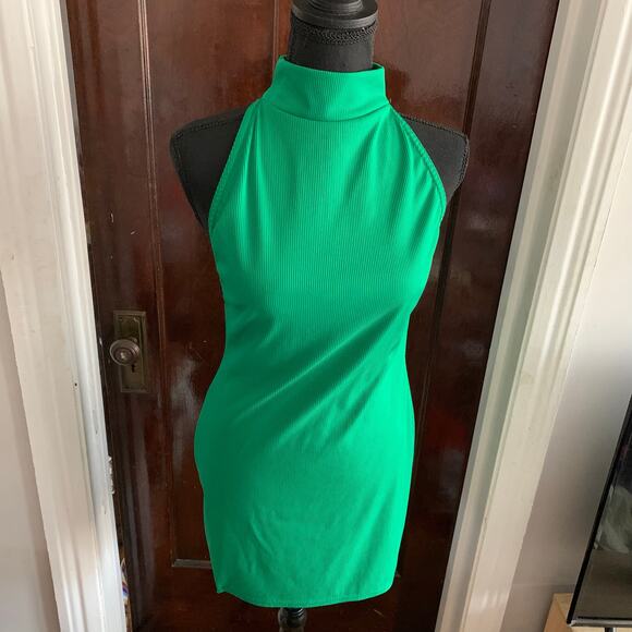 Green Rib Knit Mock Neck Backless Halter Dress Sz 10 Pretty Little Thing - Picture 6 of 13